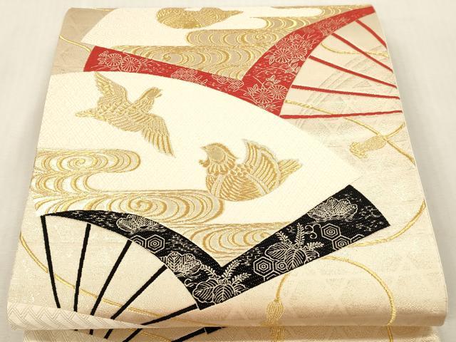 平和屋本店▼六通柄袋帯　九百錦　扇面花鳥文　本金二丁箔　正絹　逸品　DABI4890sf
