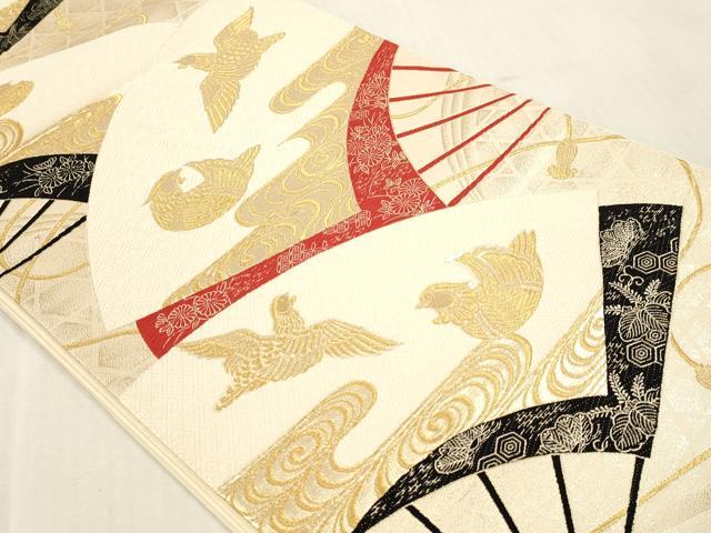 平和屋本店▼六通柄袋帯　九百錦　扇面花鳥文　本金二丁箔　正絹　逸品　DABI4890sf