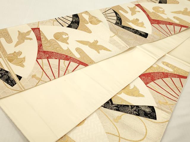 平和屋本店▼六通柄袋帯　九百錦　扇面花鳥文　本金二丁箔　正絹　逸品　DABI4890sf