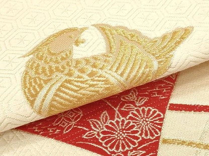 平和屋本店▼六通柄袋帯　九百錦　扇面花鳥文　本金二丁箔　正絹　逸品　DABI4890sf
