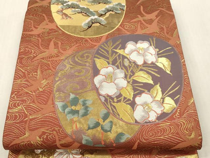 平和屋本店▼六通柄袋帯　乾山團扇取　純金二重箔　正絹　逸品　DABI4891sf