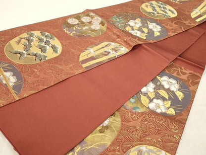 平和屋本店▼六通柄袋帯　乾山團扇取　純金二重箔　正絹　逸品　DABI4891sf