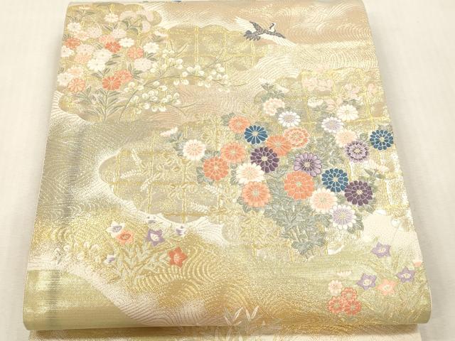 平和屋本店▼六通柄袋帯　松鶴流水文　純金箔二重織　正絹　逸品　DABI4892sf