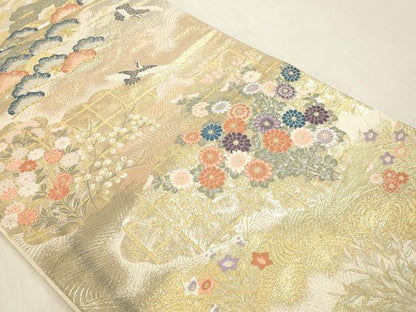 平和屋本店▼六通柄袋帯　松鶴流水文　純金箔二重織　正絹　逸品　DABI4892sf