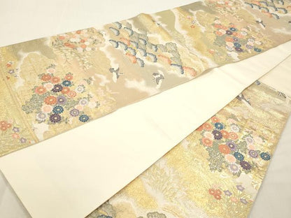 平和屋本店▼六通柄袋帯　松鶴流水文　純金箔二重織　正絹　逸品　DABI4892sf
