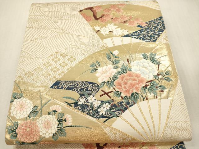 平和屋本店▼六通柄袋帯　扇面草花文　琳派純金箔24Ｋ　正絹　逸品　DABI4895sf