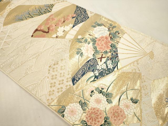 平和屋本店▼六通柄袋帯　扇面草花文　琳派純金箔24Ｋ　正絹　逸品　DABI4895sf