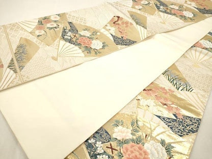 平和屋本店▼六通柄袋帯　扇面草花文　琳派純金箔24Ｋ　正絹　逸品　DABI4895sf