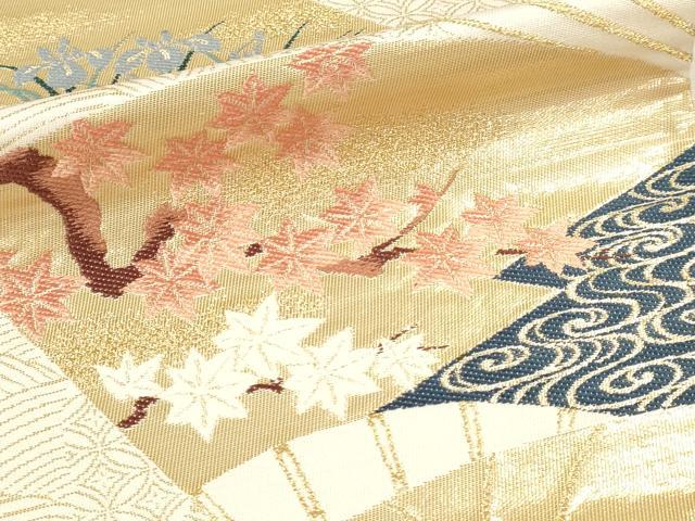 平和屋本店▼六通柄袋帯　扇面草花文　琳派純金箔24Ｋ　正絹　逸品　DABI4895sf