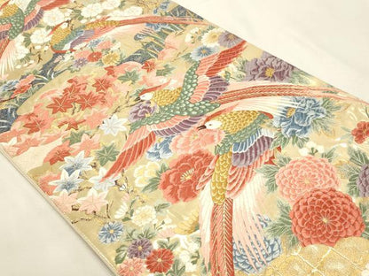 平和屋本店▼「美しいキモノ」お馴染みのメーカー　となみ織物　六通柄袋帯　唐織　孔雀花文　純金箔　正絹　逸品　DABI4902sf