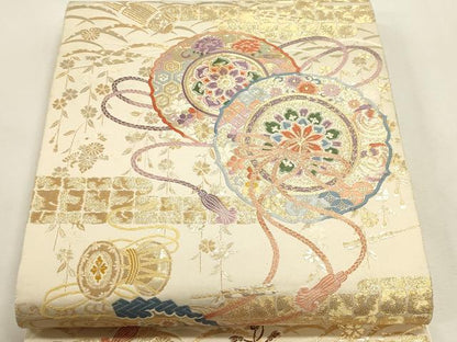 平和屋本店▼六通柄袋帯　鏡裏楽器文　九百本金弐重織　正絹　逸品　DABI4905sf