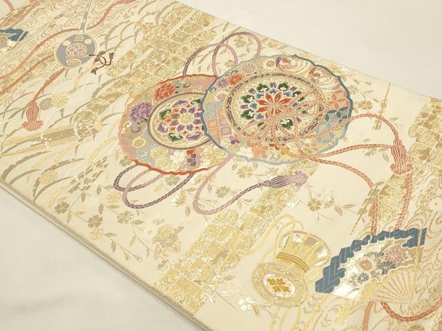 平和屋本店▼六通柄袋帯　鏡裏楽器文　九百本金弐重織　正絹　逸品　DABI4905sf