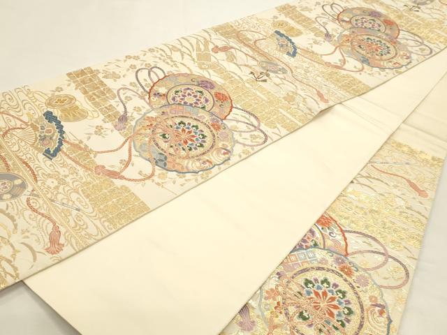 平和屋本店▼六通柄袋帯　鏡裏楽器文　九百本金弐重織　正絹　逸品　DABI4905sf
