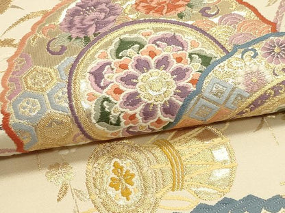 平和屋本店▼六通柄袋帯　鏡裏楽器文　九百本金弐重織　正絹　逸品　DABI4905sf