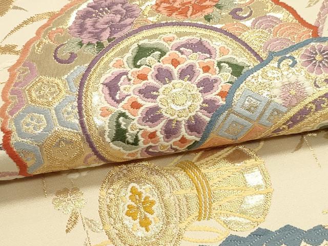 平和屋本店▼六通柄袋帯　鏡裏楽器文　九百本金弐重織　正絹　逸品　DABI4905sf