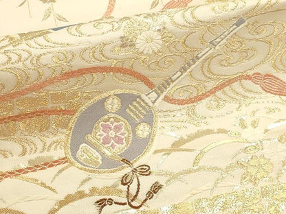 平和屋本店▼六通柄袋帯　鏡裏楽器文　九百本金弐重織　正絹　逸品　DABI4905sf