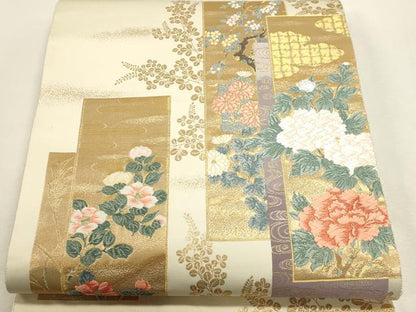 平和屋本店▼六通柄袋帯　唐織　九百　琳派短冊花文　本金箔　正絹　逸品　DABI4912sf