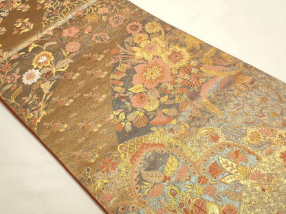 平和屋本店▼六通柄袋帯　貴賓はく　草花文　本金箔二重　正絹　逸品　DABI4922sf