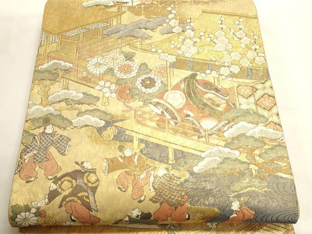 平和屋本店▼全通全景柄袋帯　伊勢物語　在中将絵巻　本金箔　反端付き　正絹　逸品　DABI4924sf