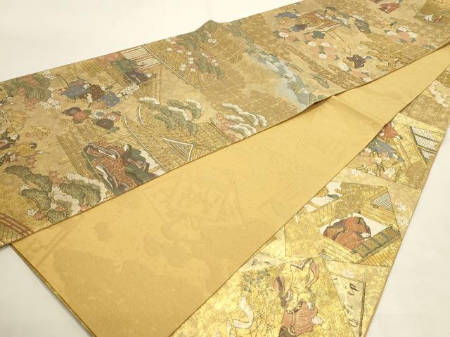 平和屋本店▼全通全景柄袋帯　伊勢物語　在中将絵巻　本金箔　反端付き　正絹　逸品　DABI4924sf