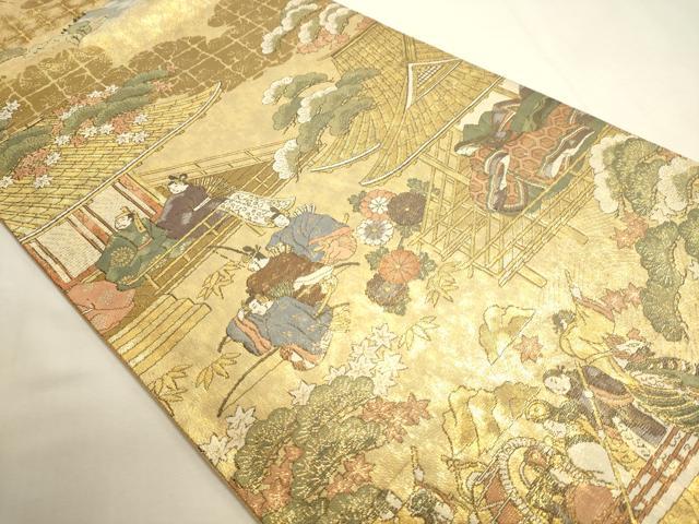 平和屋本店▼全通全景柄袋帯　伊勢物語　在中将絵巻　本金箔　反端付き　正絹　逸品　DABI4924sf