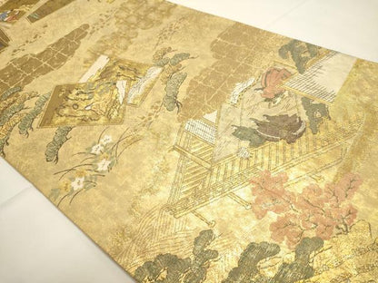 平和屋本店▼全通全景柄袋帯　伊勢物語　在中将絵巻　本金箔　反端付き　正絹　逸品　DABI4924sf
