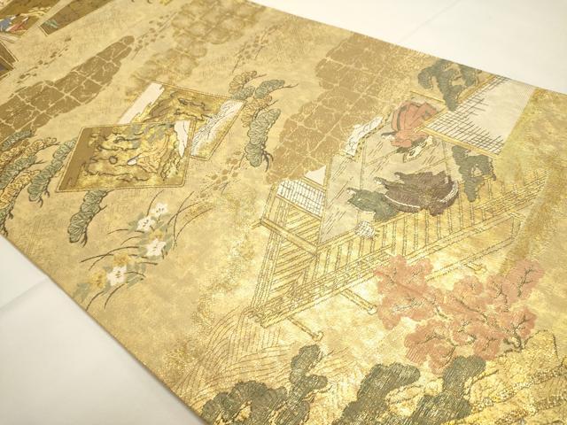 平和屋本店▼全通全景柄袋帯　伊勢物語　在中将絵巻　本金箔　反端付き　正絹　逸品　DABI4924sf