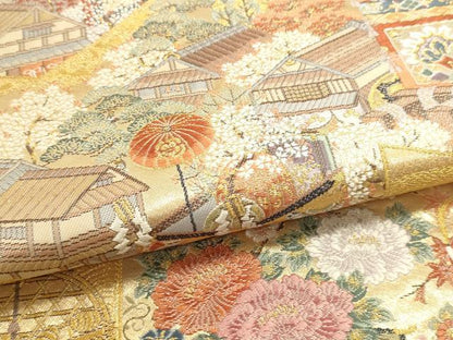 平和屋本店▼西陣　長嶋成織物　ながしま帯　六通柄袋帯　唐織　京の屏風絵　本金箔　正絹　逸品　DABI4927sf