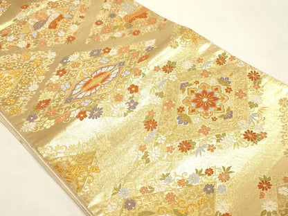 平和屋本店▼六通柄袋帯　唐織　花菱文　本金箔　正絹　逸品　DABI4947sf