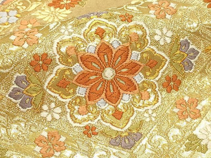 平和屋本店▼六通柄袋帯　唐織　花菱文　本金箔　正絹　逸品　DABI4947sf