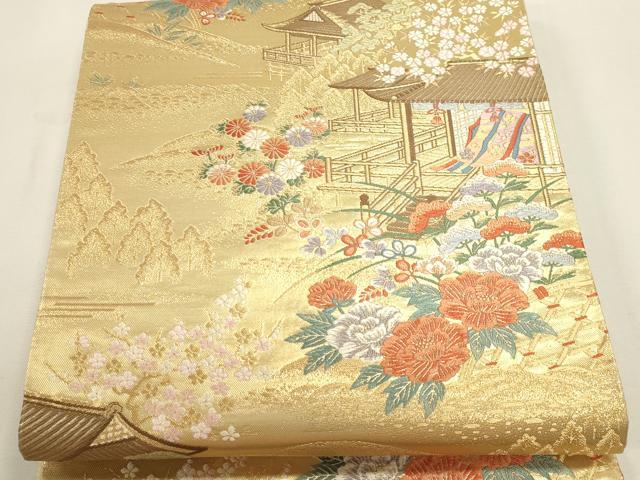 平和屋本店▼六通柄袋帯　唐織　風景草花文　本金箔　正絹　逸品　DABI4951sf