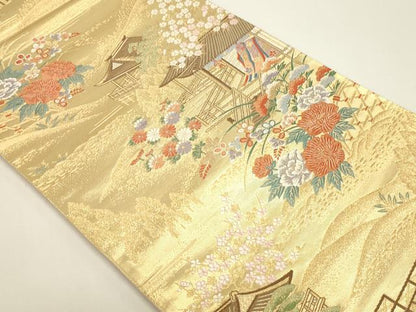 平和屋本店▼六通柄袋帯　唐織　風景草花文　本金箔　正絹　逸品　DABI4951sf