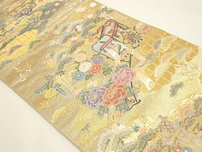 平和屋本店▼西陣　長嶋成織物　ながしま帯　六通柄袋帯　秀華佳苑　本金箔　証紙付き　正絹　逸品　DABI4954sf
