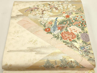 平和屋本店▼六通柄袋帯　唐織　裂取華花孔雀文　本金箔　正絹　逸品　DABI4955sf