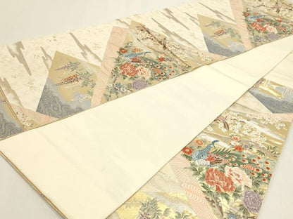 平和屋本店▼六通柄袋帯　唐織　裂取華花孔雀文　本金箔　正絹　逸品　DABI4955sf