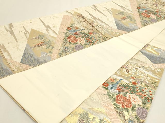 平和屋本店▼六通柄袋帯　唐織　裂取華花孔雀文　本金箔　正絹　逸品　DABI4955sf
