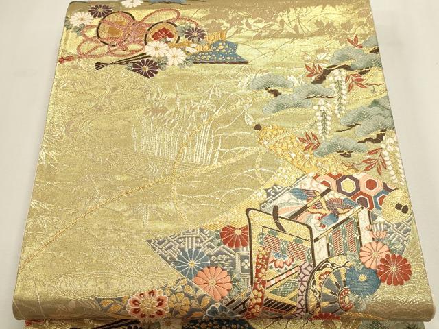 平和屋本店▼六通柄袋帯　御所車花文　本金箔　正絹　逸品　DABI4963sf