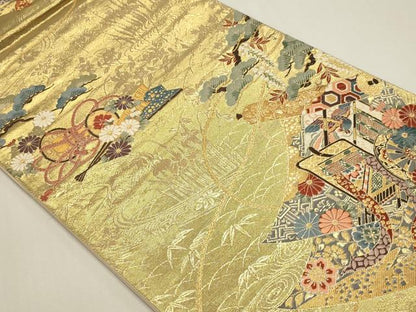 平和屋本店▼六通柄袋帯　御所車花文　本金箔　正絹　逸品　DABI4963sf