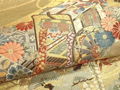 平和屋本店▼六通柄袋帯　御所車花文　本金箔　正絹　逸品　DABI4963sf