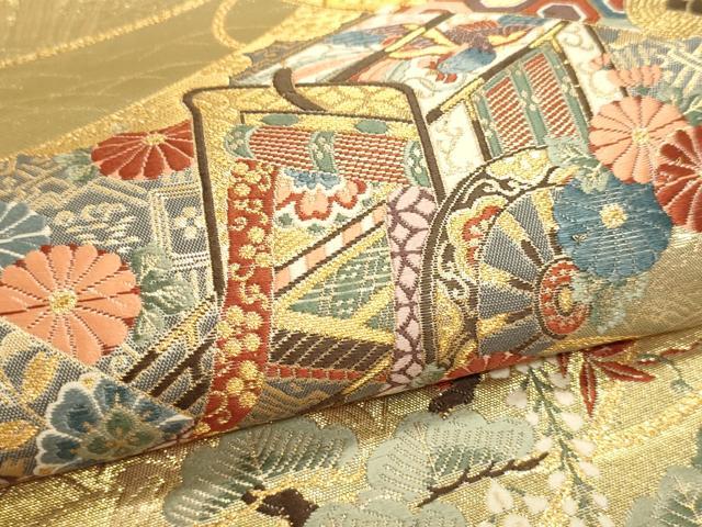 平和屋本店▼六通柄袋帯　御所車花文　本金箔　正絹　逸品　DABI4963sf