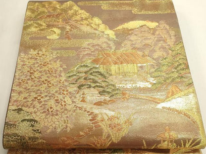 平和屋本店▼六通柄袋帯　風景文　純金箔　正絹　逸品　DABI4976sf