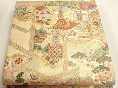 平和屋本店▼六通柄袋帯　唐織　風景草花文　本金箔　正絹　逸品　DABI4979sf