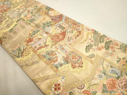 平和屋本店▼六通柄袋帯　唐織　風景草花文　本金箔　正絹　逸品　DABI4979sf