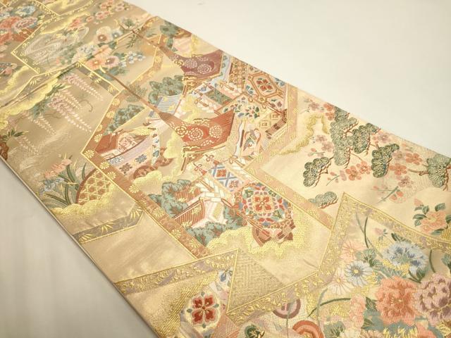 平和屋本店▼六通柄袋帯　唐織　風景草花文　本金箔　正絹　逸品　DABI4979sf