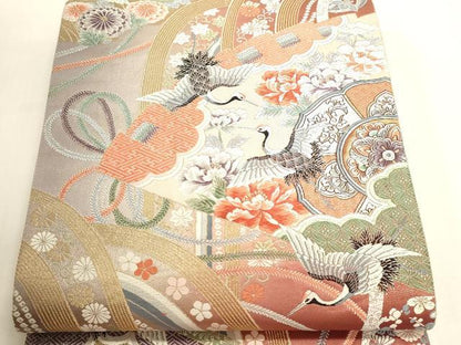 平和屋本店▼六通柄袋帯　唐織　九百錦　桧扇舞鶴文　24ｋ本金箔　正絹　逸品　DABI4981sf