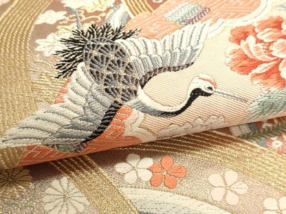 平和屋本店▼六通柄袋帯　唐織　九百錦　桧扇舞鶴文　24ｋ本金箔　正絹　逸品　DABI4981sf