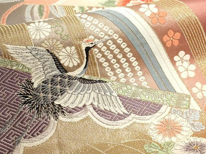 平和屋本店▼六通柄袋帯　唐織　九百錦　桧扇舞鶴文　24ｋ本金箔　正絹　逸品　DABI4981sf