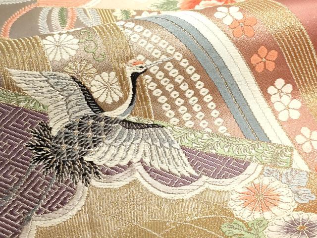 平和屋本店▼六通柄袋帯　唐織　九百錦　桧扇舞鶴文　24ｋ本金箔　正絹　逸品　DABI4981sf