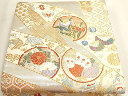 平和屋本店▼六通柄袋帯　唐織　花蝶丸文　弐拾四金二重織　正絹　逸品　DABI4982sf