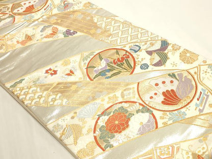 平和屋本店▼六通柄袋帯　唐織　花蝶丸文　弐拾四金二重織　正絹　逸品　DABI4982sf